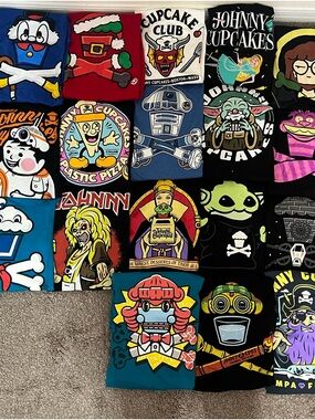 Lot of 18 Johnny Cupcakes Multicolor Graphic Tee Panel - Bright Cartoon Designs